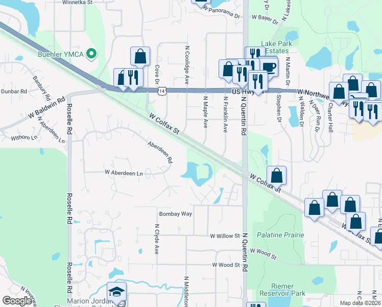 map of restaurants, bars, coffee shops, grocery stores, and more near 624 North Lake Shore Drive in Palatine