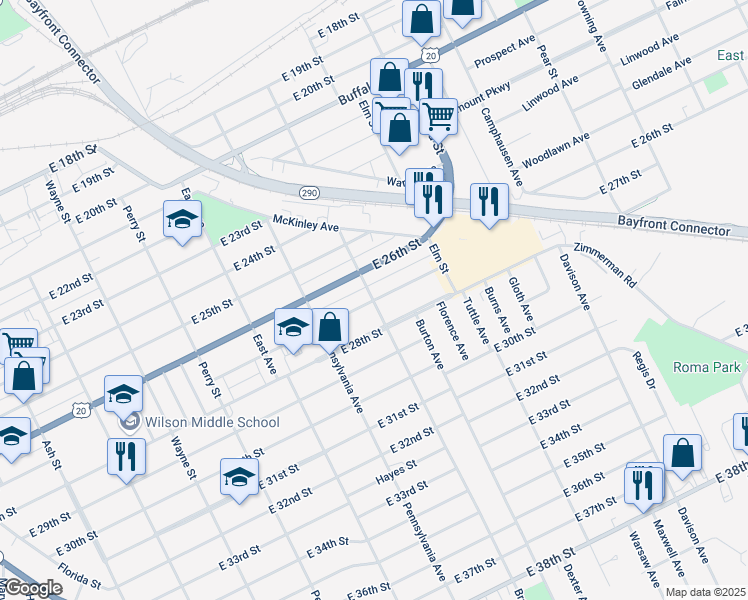 map of restaurants, bars, coffee shops, grocery stores, and more near Brandes St & E 27th St in Erie