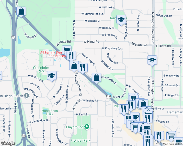 map of restaurants, bars, coffee shops, grocery stores, and more near 700 West Rand Road in Arlington Heights