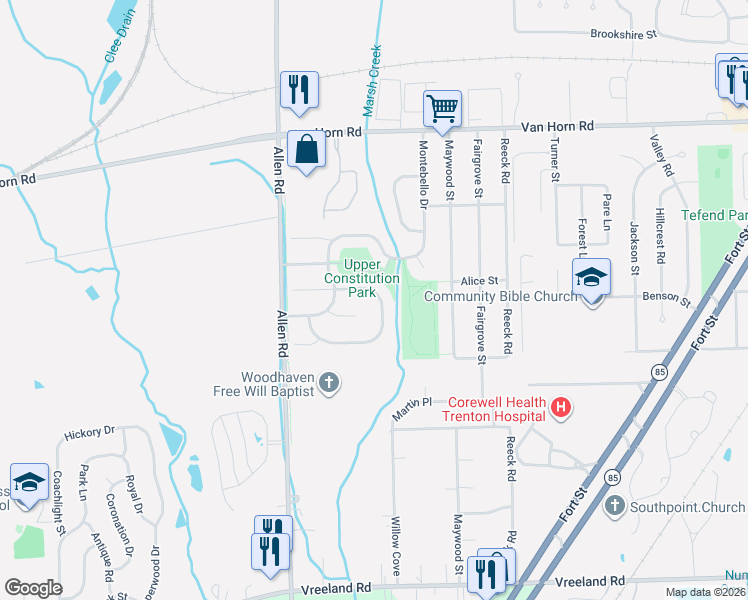 map of restaurants, bars, coffee shops, grocery stores, and more near 19054 Forrest Hill Drive in Trenton