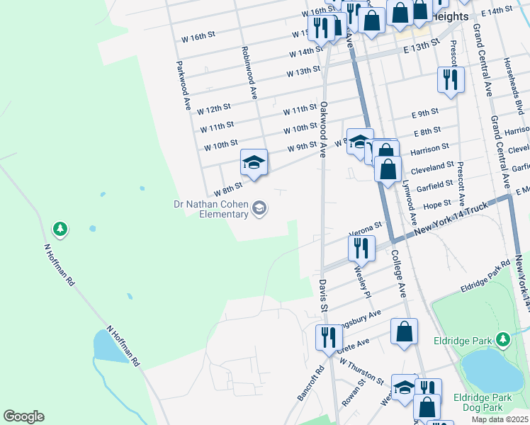 map of restaurants, bars, coffee shops, grocery stores, and more near 100 Robinwood Avenue in Elmira Heights