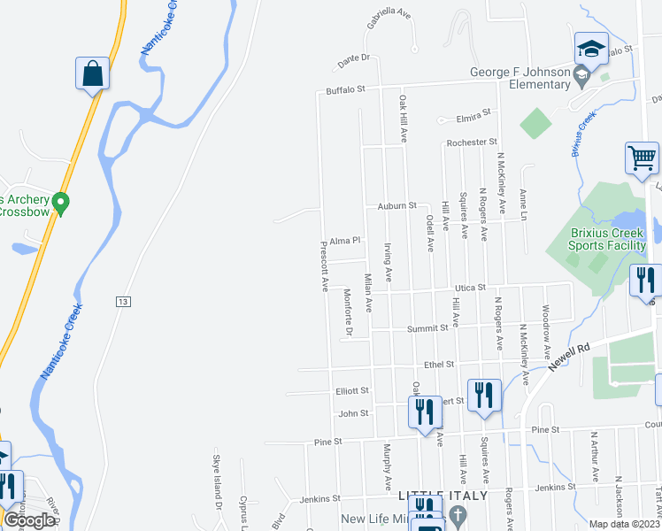 map of restaurants, bars, coffee shops, grocery stores, and more near 748 Prescott Avenue in Endicott