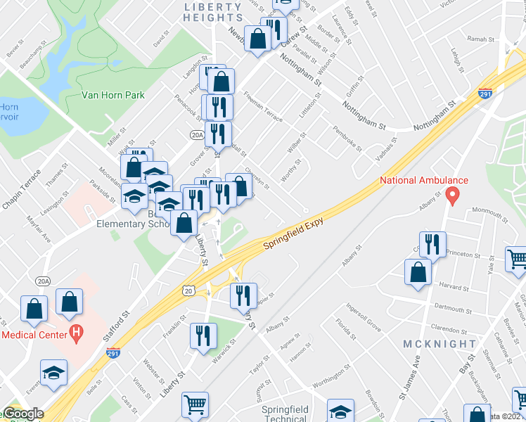 map of restaurants, bars, coffee shops, grocery stores, and more near 56 Clantoy Street in Springfield