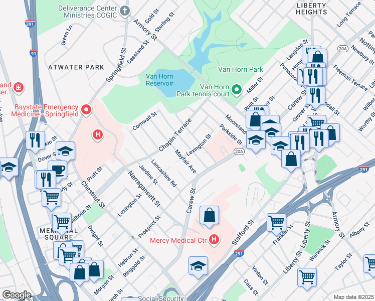 map of restaurants, bars, coffee shops, grocery stores, and more near 83 Knollwood Street in Springfield