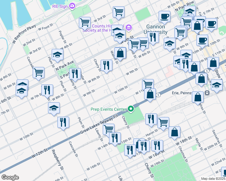map of restaurants, bars, coffee shops, grocery stores, and more near 550 W 10th St in Erie