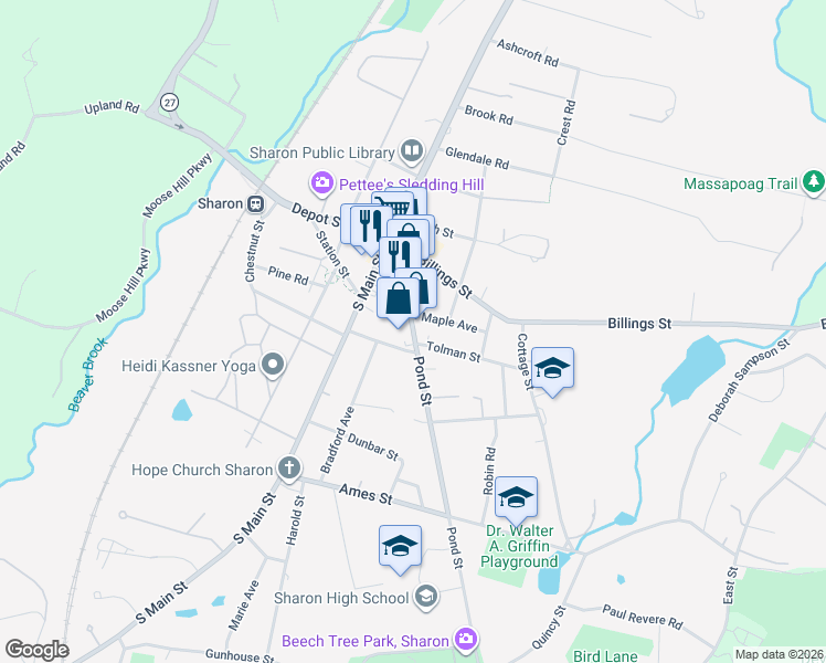 map of restaurants, bars, coffee shops, grocery stores, and more near 69 Pond Street in Sharon