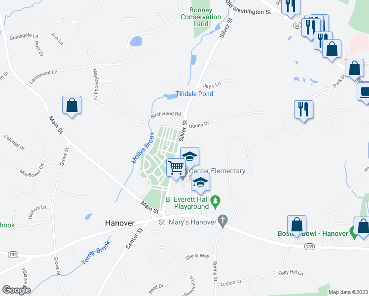map of restaurants, bars, coffee shops, grocery stores, and more near 127 Silver Street in Hanover