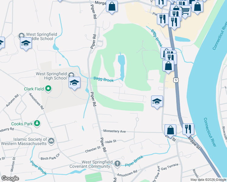 map of restaurants, bars, coffee shops, grocery stores, and more near 98 Mount Pleasant Avenue in West Springfield