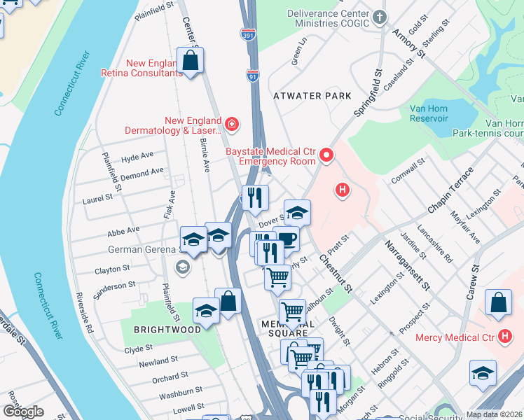 map of restaurants, bars, coffee shops, grocery stores, and more near 32-34 Merwin Street in Springfield