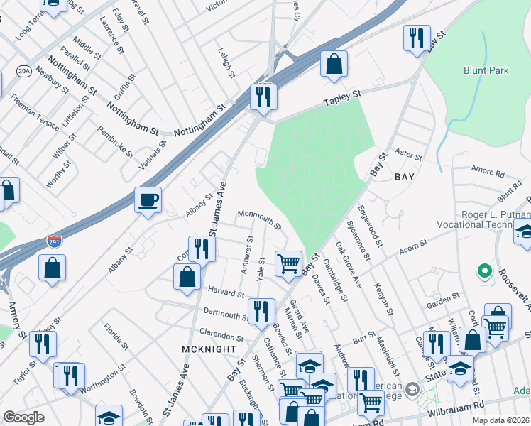 map of restaurants, bars, coffee shops, grocery stores, and more near 48 Monmouth Street in Springfield