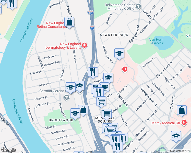map of restaurants, bars, coffee shops, grocery stores, and more near 34 Merwin Street in Springfield