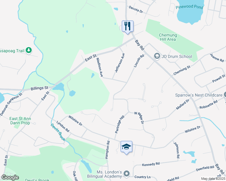 map of restaurants, bars, coffee shops, grocery stores, and more near 27 Madison Avenue in Sharon