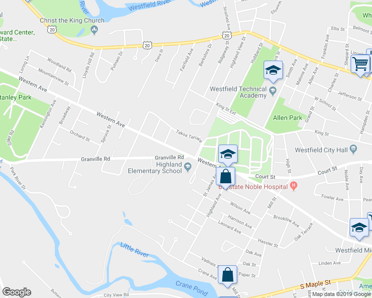 map of restaurants, bars, coffee shops, grocery stores, and more near 43 Western Avenue in Westfield