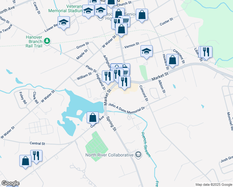 map of restaurants, bars, coffee shops, grocery stores, and more near 105 Massachusetts 123 in Rockland