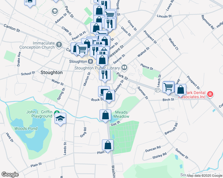 map of restaurants, bars, coffee shops, grocery stores, and more near 49 Kinsley Street in Stoughton