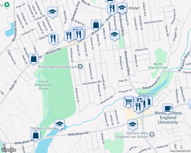 map of restaurants, bars, coffee shops, grocery stores, and more near 57 Warrenton Street in Springfield