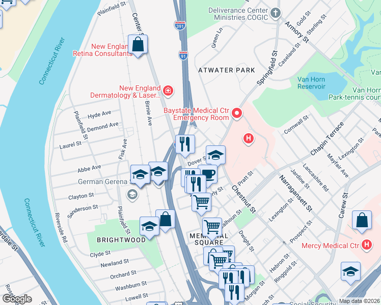 map of restaurants, bars, coffee shops, grocery stores, and more near 32-34 Merwin Street in Springfield