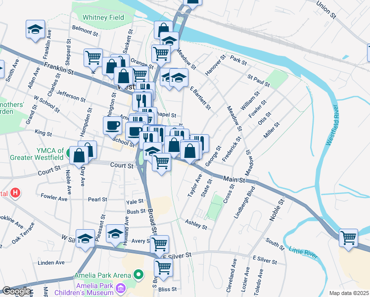 map of restaurants, bars, coffee shops, grocery stores, and more near 15 Mechanic Street in Westfield