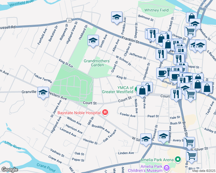 map of restaurants, bars, coffee shops, grocery stores, and more near 23 Chestnut Street in Westfield