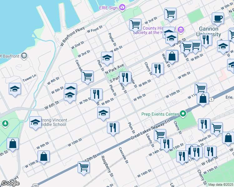 map of restaurants, bars, coffee shops, grocery stores, and more near 720 Liberty Street in Erie