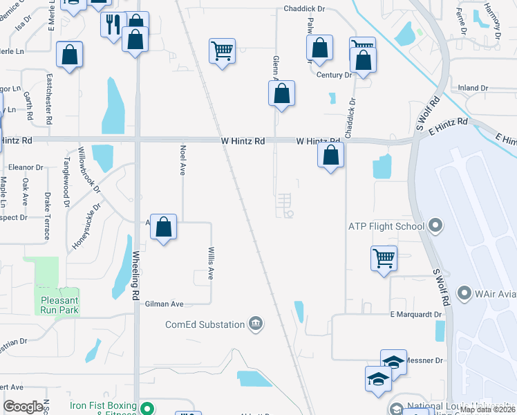 map of restaurants, bars, coffee shops, grocery stores, and more near 105 West Hintz Road in Wheeling