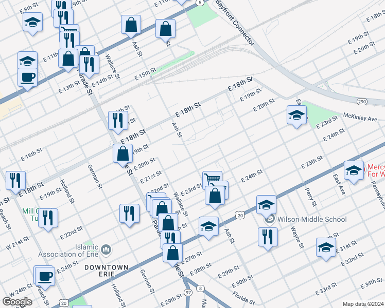 map of restaurants, bars, coffee shops, grocery stores, and more near 602 East 21st Street in Erie