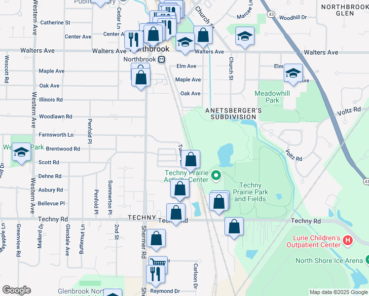 map of restaurants, bars, coffee shops, grocery stores, and more near 1927 Farnsworth Lane in Northbrook