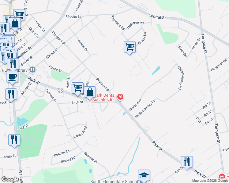 map of restaurants, bars, coffee shops, grocery stores, and more near 470 Prospect Street in Stoughton