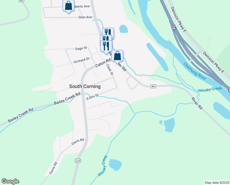 map of restaurants, bars, coffee shops, grocery stores, and more near 38 South Elm Street in South Corning