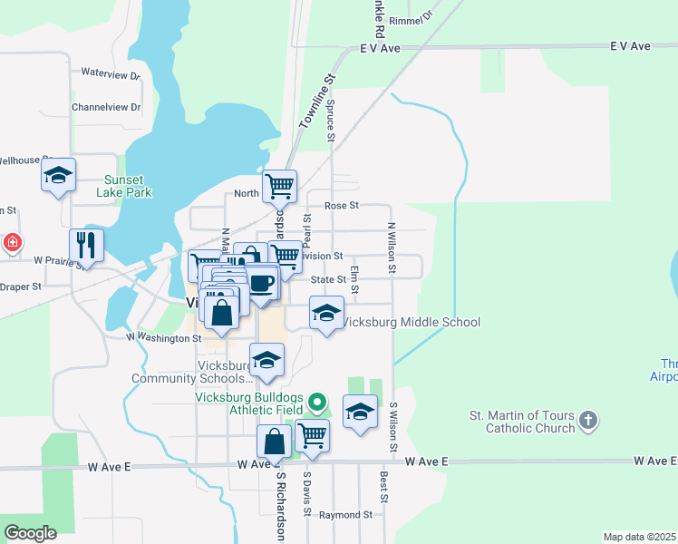 map of restaurants, bars, coffee shops, grocery stores, and more near 414 East Division Street in Vicksburg