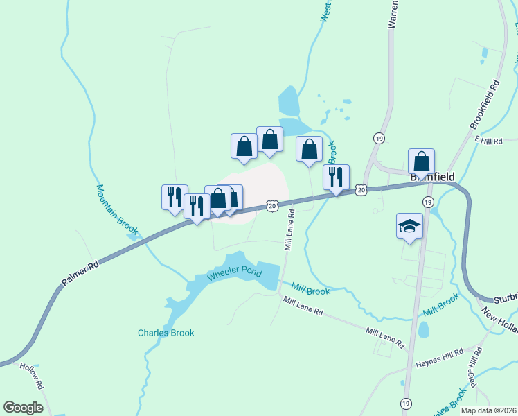 map of restaurants, bars, coffee shops, grocery stores, and more near 18 Palmer Road in Brimfield