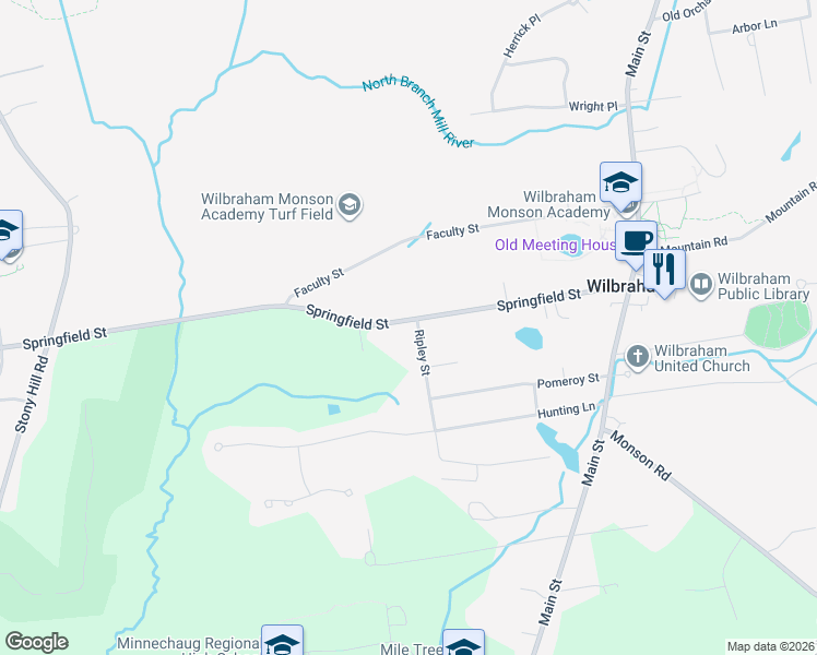 map of restaurants, bars, coffee shops, grocery stores, and more near 106 Springfield Street in Wilbraham