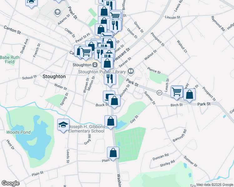 map of restaurants, bars, coffee shops, grocery stores, and more near 49 Kinsley Street in Stoughton