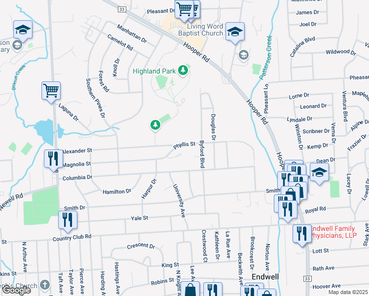 map of restaurants, bars, coffee shops, grocery stores, and more near 3009 Phyllis Street in Endicott