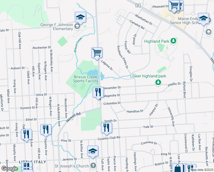 map of restaurants, bars, coffee shops, grocery stores, and more near 2605 Alexander Street in Endicott