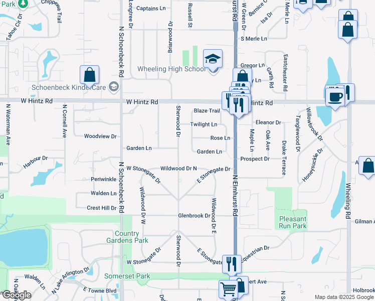 map of restaurants, bars, coffee shops, grocery stores, and more near 1086 Crimson Drive in Wheeling