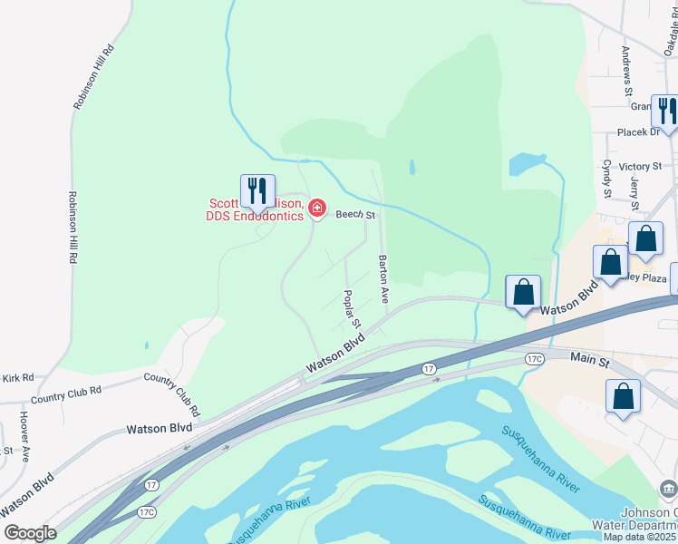 map of restaurants, bars, coffee shops, grocery stores, and more near 14 Oak Street in Johnson City