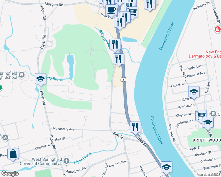 map of restaurants, bars, coffee shops, grocery stores, and more near 1304 Elm Street in West Springfield