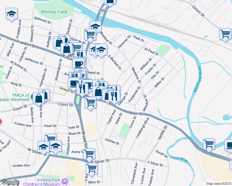 map of restaurants, bars, coffee shops, grocery stores, and more near 32 White Street in Westfield