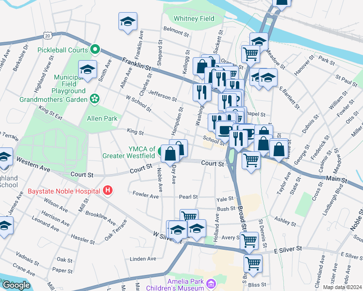 map of restaurants, bars, coffee shops, grocery stores, and more near 16 Washington Street in Westfield