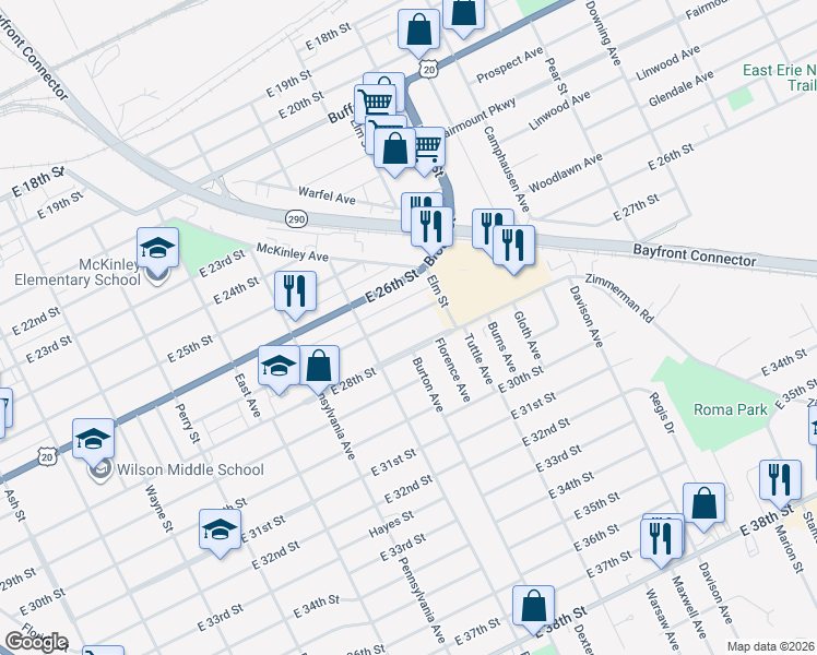 map of restaurants, bars, coffee shops, grocery stores, and more near 1249 E 27th St in Erie