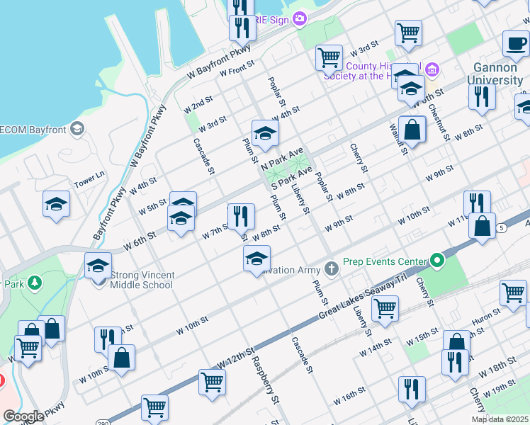 map of restaurants, bars, coffee shops, grocery stores, and more near 702 Plum Street in Erie