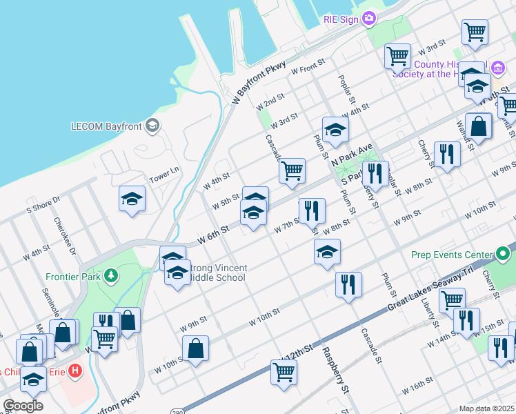 map of restaurants, bars, coffee shops, grocery stores, and more near 512 Raspberry Street in Erie