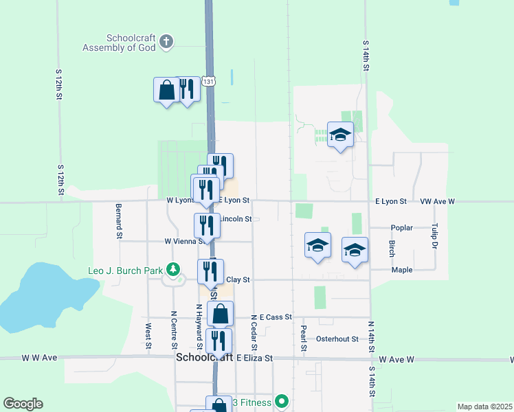 map of restaurants, bars, coffee shops, grocery stores, and more near 272 East Lyons Street in Schoolcraft