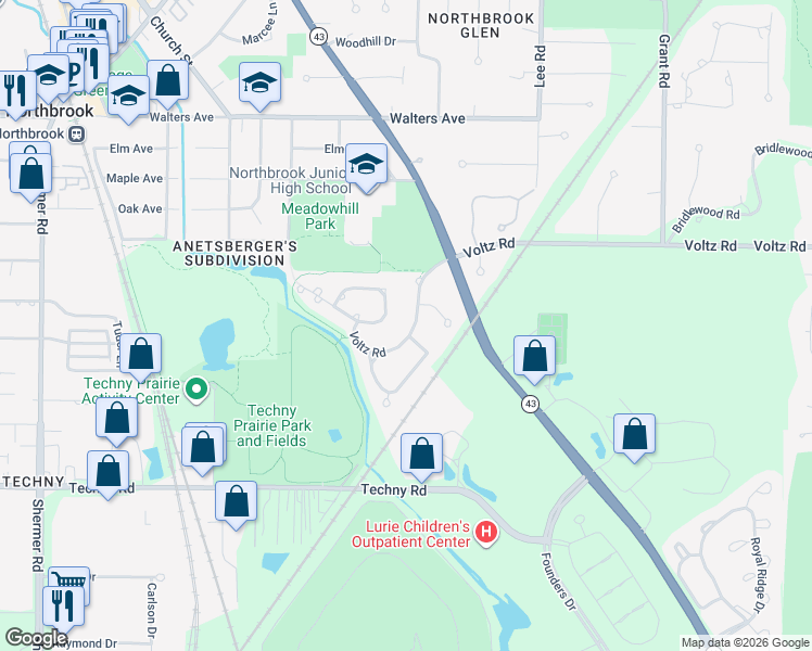map of restaurants, bars, coffee shops, grocery stores, and more near 1430 Voltz Road in Northbrook