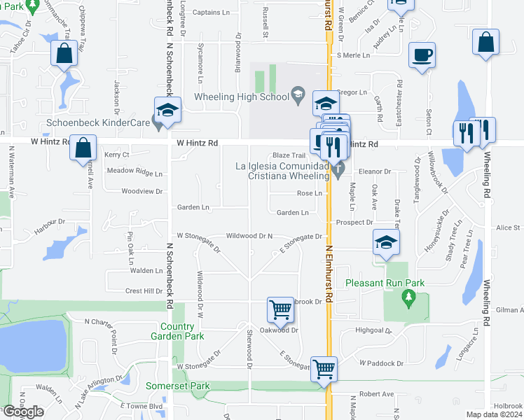 map of restaurants, bars, coffee shops, grocery stores, and more near 1086 Crimson Drive in Wheeling