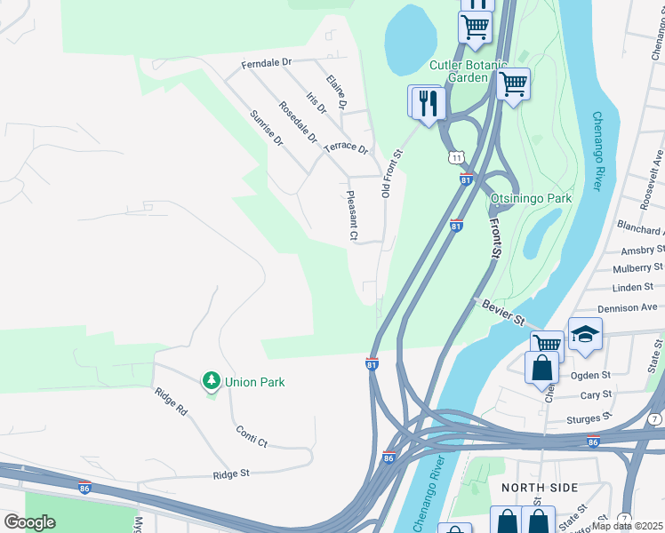 map of restaurants, bars, coffee shops, grocery stores, and more near 545 Front Street in Binghamton
