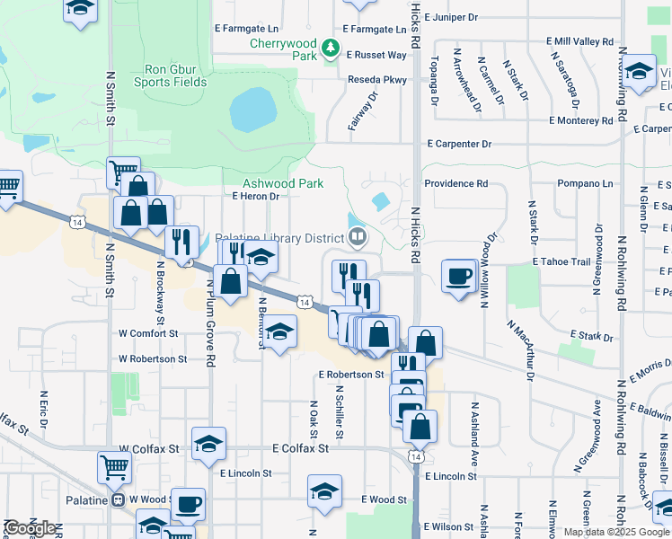 map of restaurants, bars, coffee shops, grocery stores, and more near 625 Court in Palatine