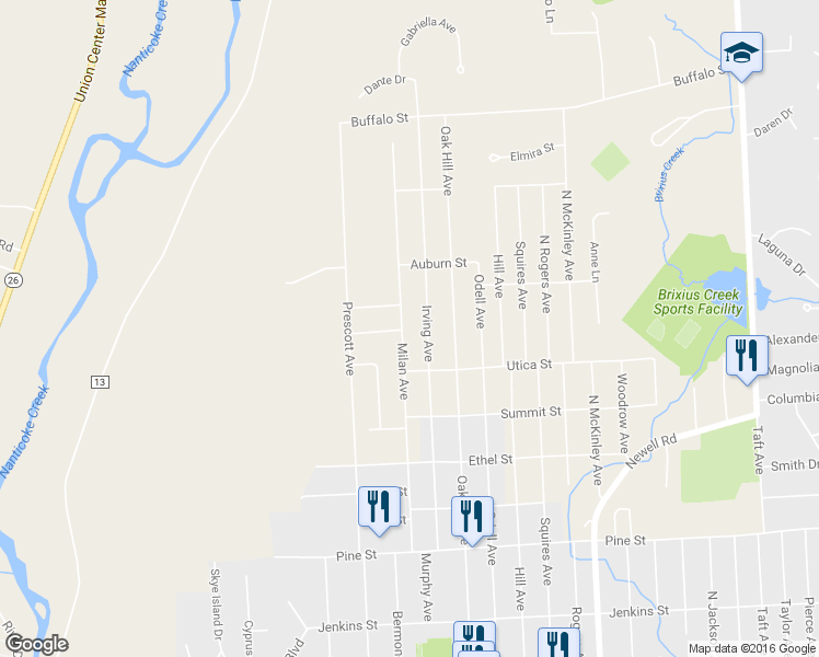 map of restaurants, bars, coffee shops, grocery stores, and more near 820 Milan Avenue in Endicott