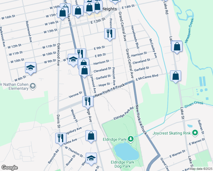 map of restaurants, bars, coffee shops, grocery stores, and more near 118 Hope Street in Elmira Heights